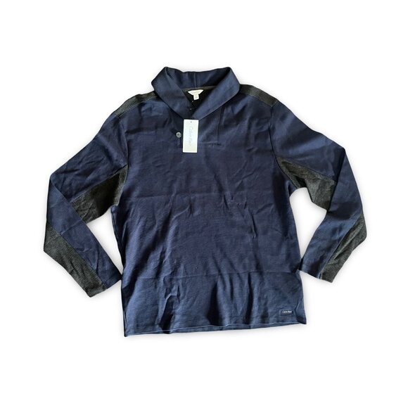Calvin Klein Men’s Navy Blue/Gray‎ Button Collar Pullover Sweater Size XL NWT - Picture 1 of 8